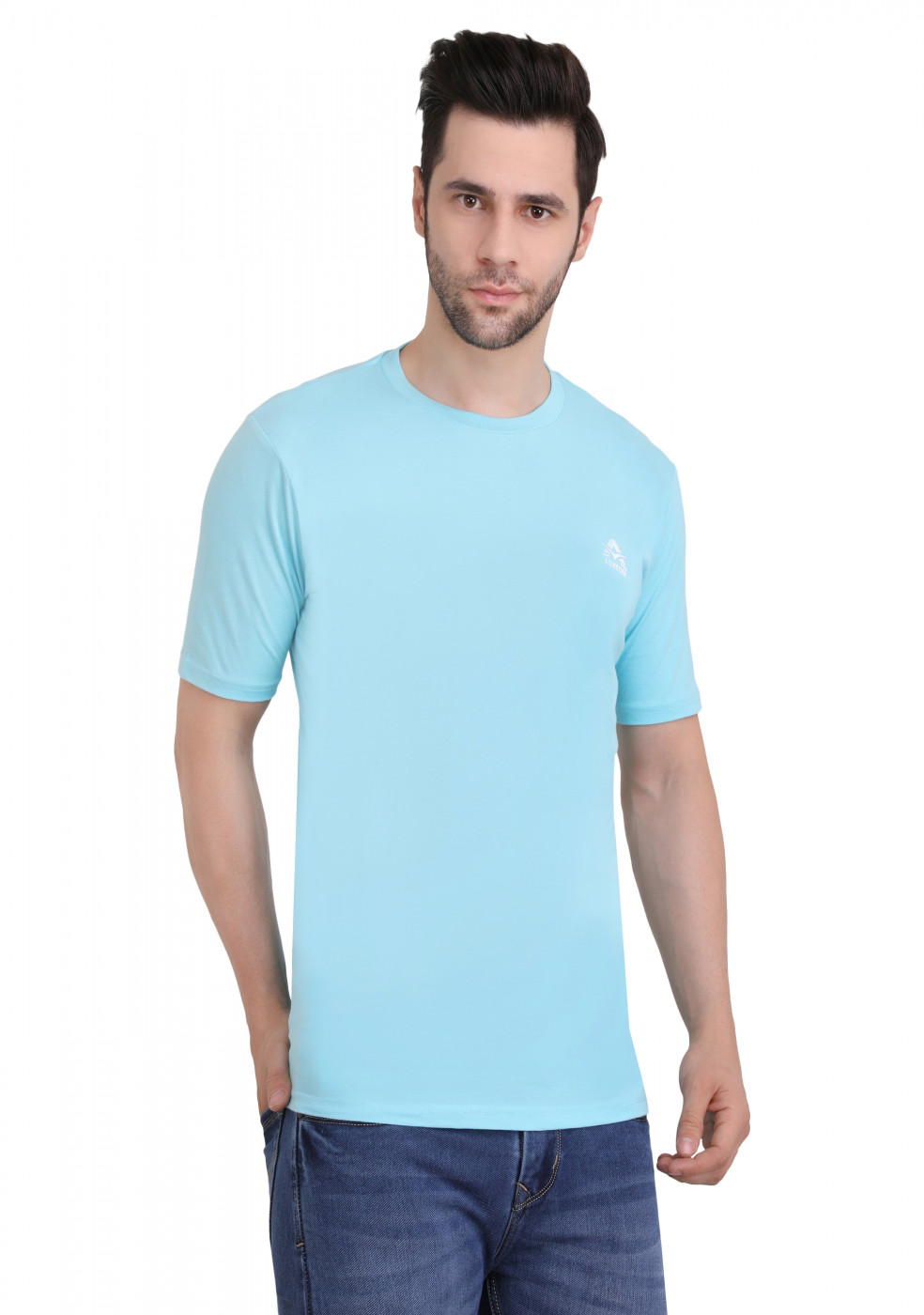 Sky Blue Cotton Round Neck T Shirt For Men