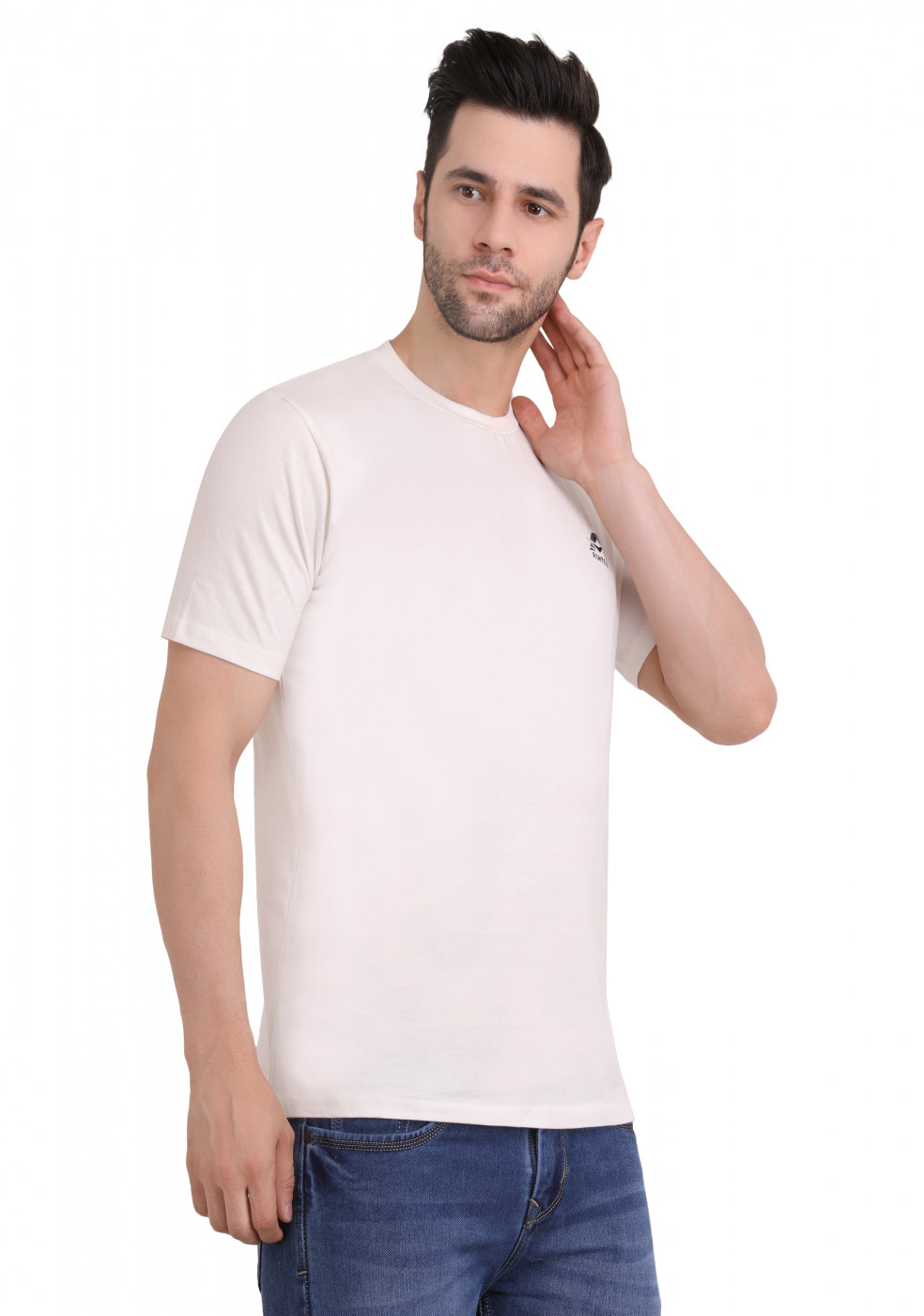 White Cotton Round Neck T Shirt For Men