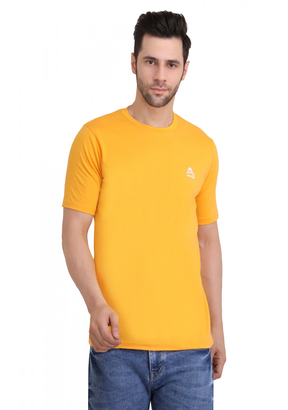 Yellow Cotton Round Neck T Shirt For Men