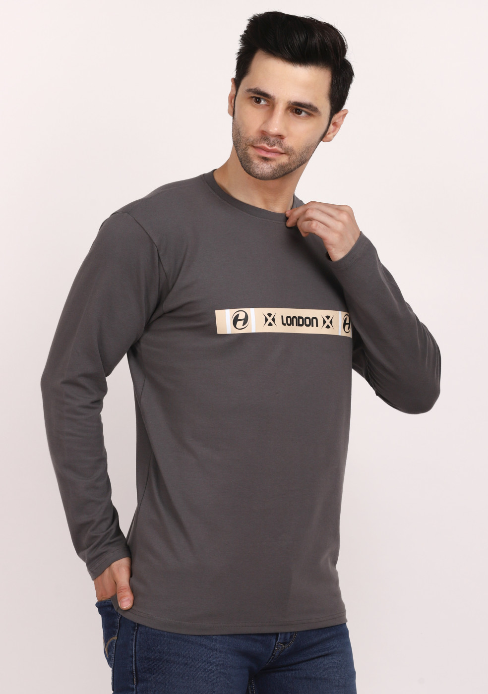 HUKH Gray Cotton Lycra T Shirt Full Sleeve Round Neck For Men