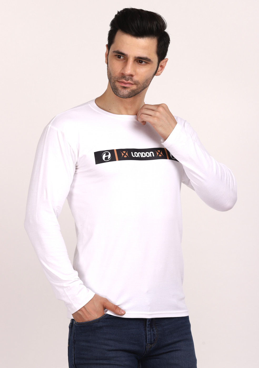 HUKH Full Sleeve White Coloure T Shirt Round Neck Cotton Lycra  for Men