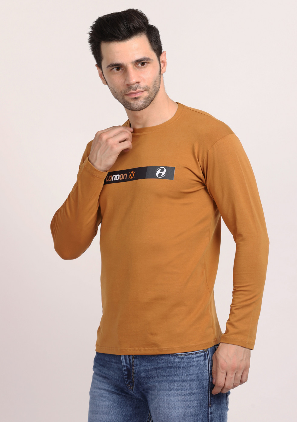 HUKH Full Sleeve Mustard T Shirt Cotton Lycra Fabric for Men