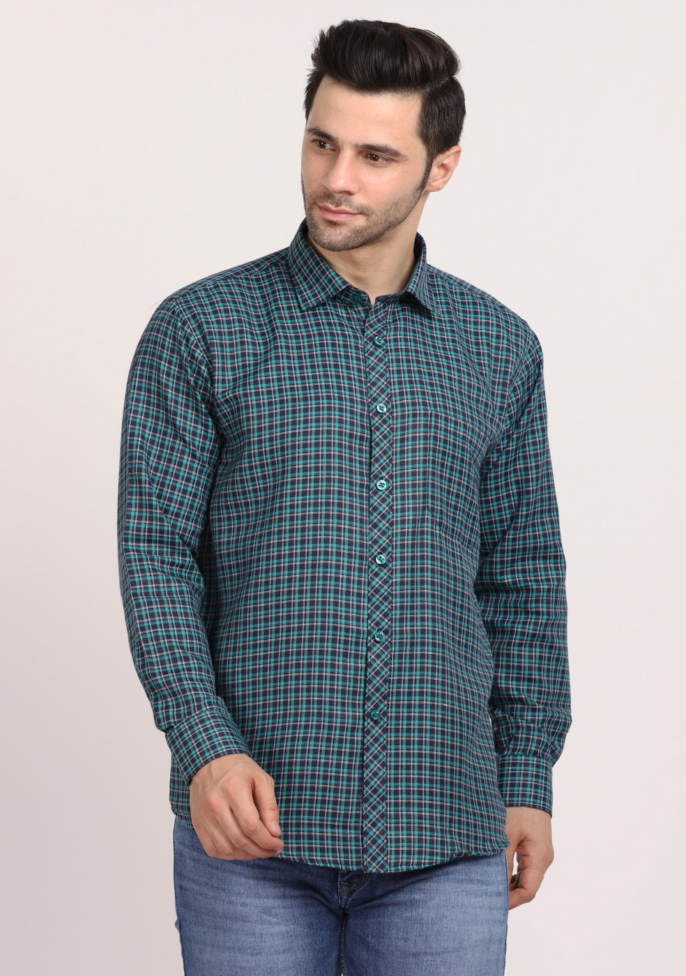 ASHTOM Small Check Light Green Regular Fit Cotton Shirt For Men