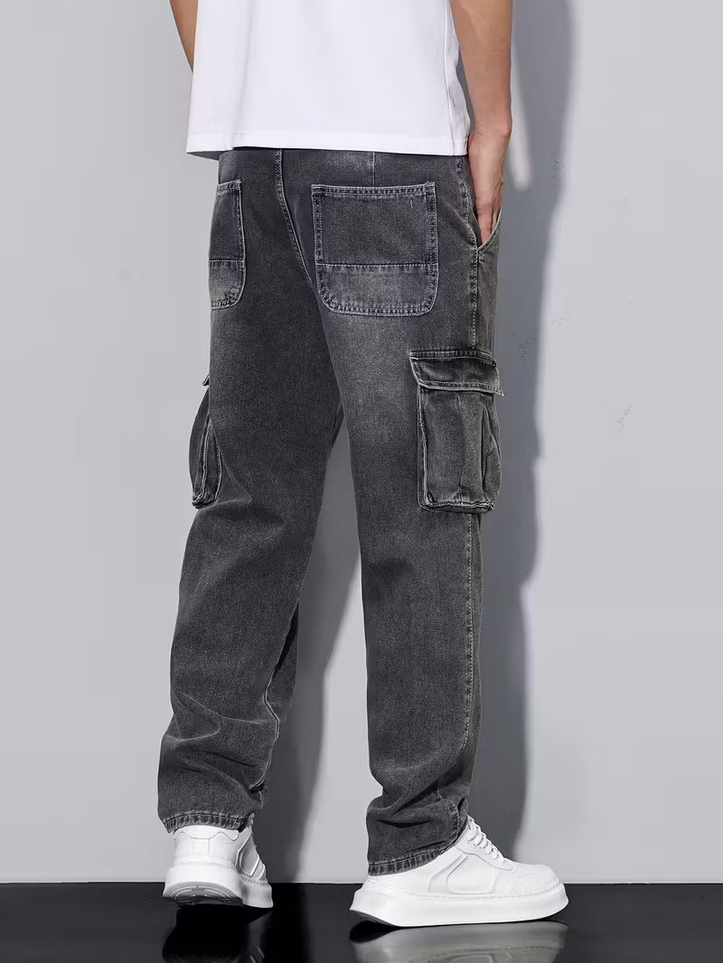 Multi-Pocket Cargo Jeans, Loose Straight Leg Casual Pants