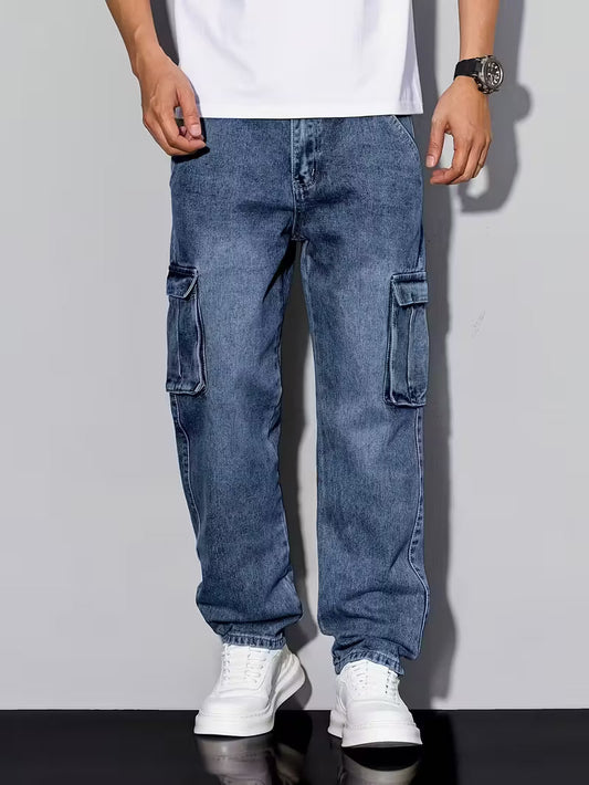 Multi-Pocket Cargo Jeans, Loose Straight Leg Casual Pants