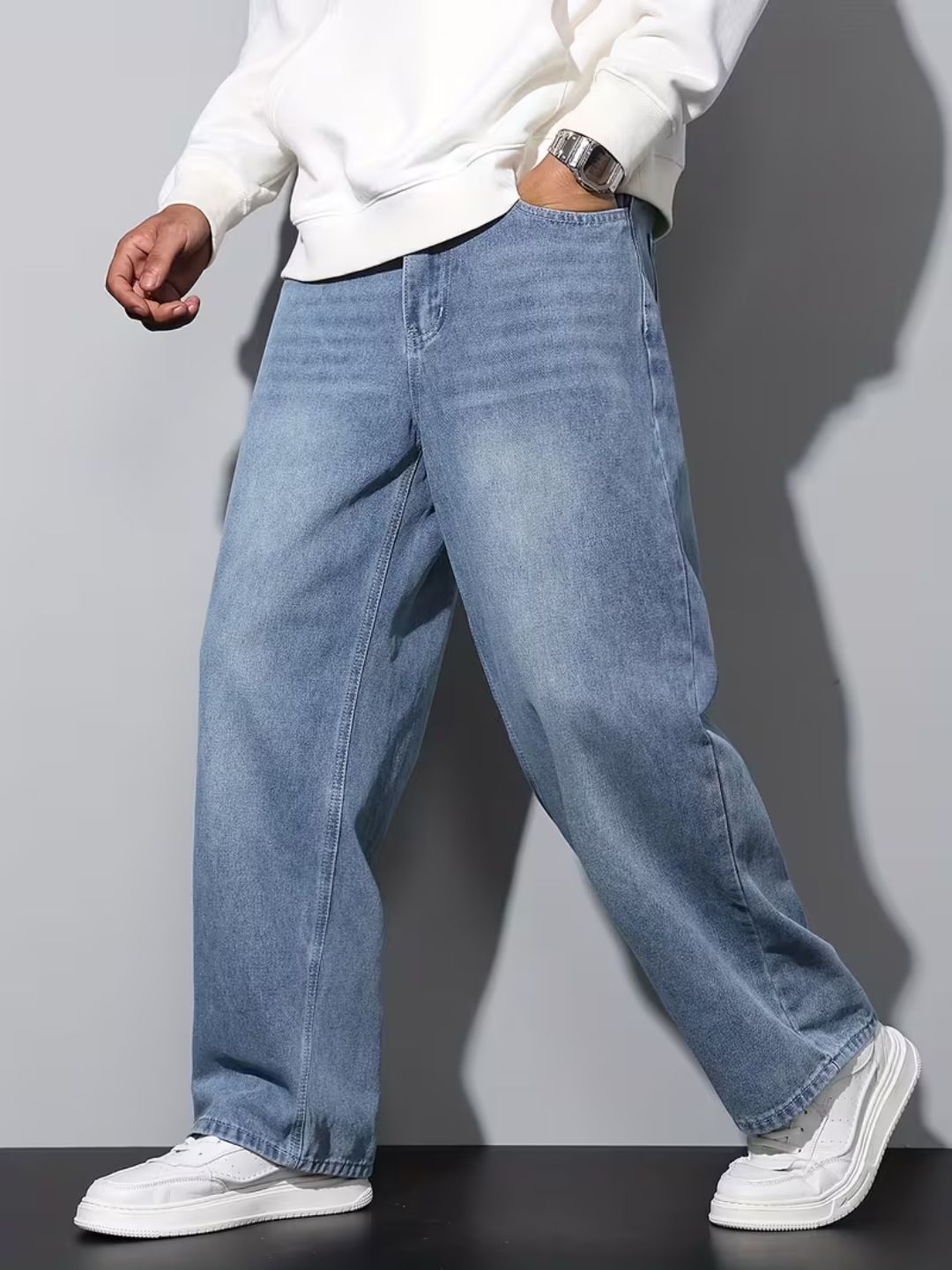 Premium Men’s Lycra Stretch Baggy Whisker Wash Denim L Blue