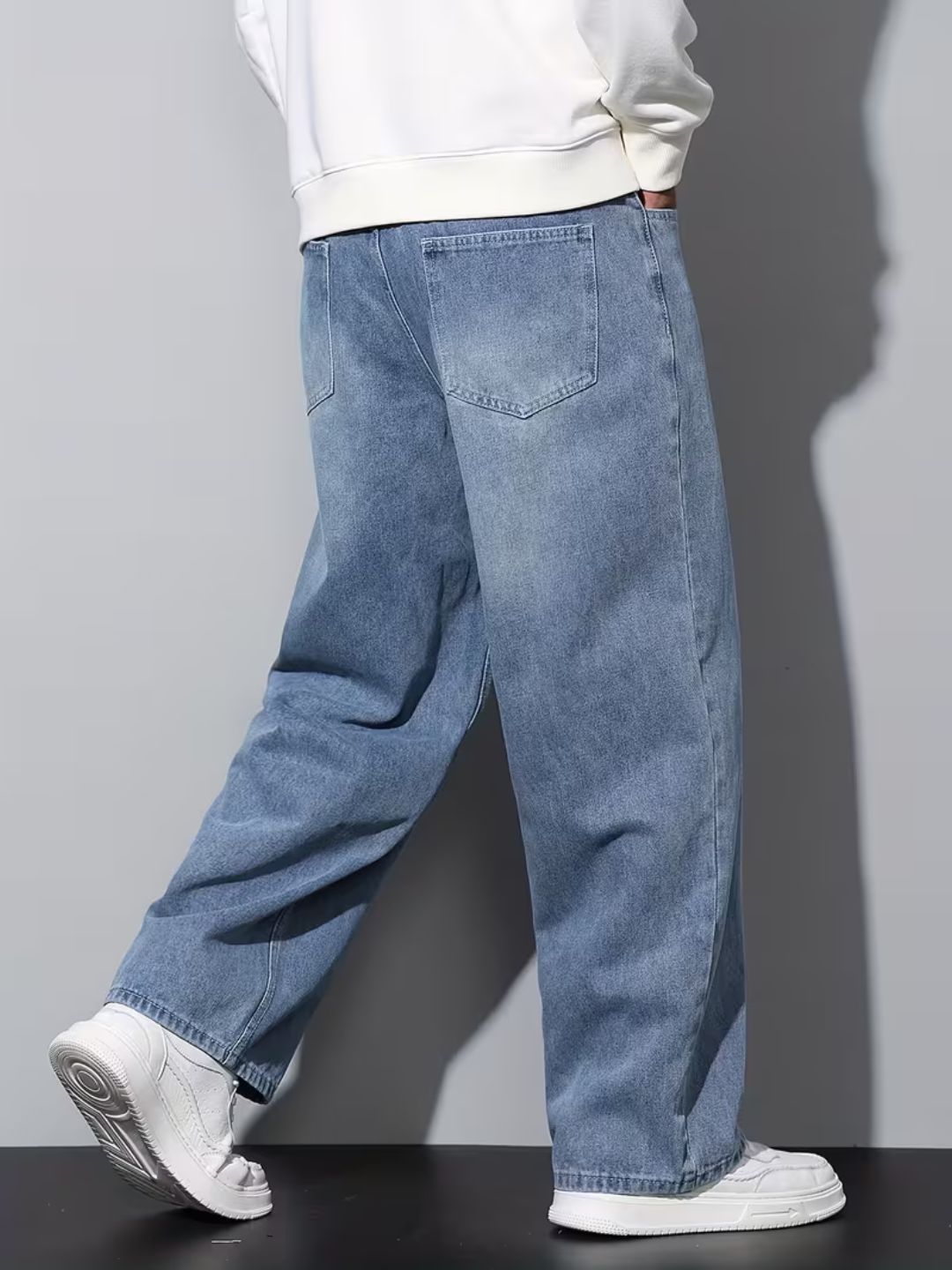 Premium Men’s Lycra Stretch Baggy Whisker Wash Denim L Blue
