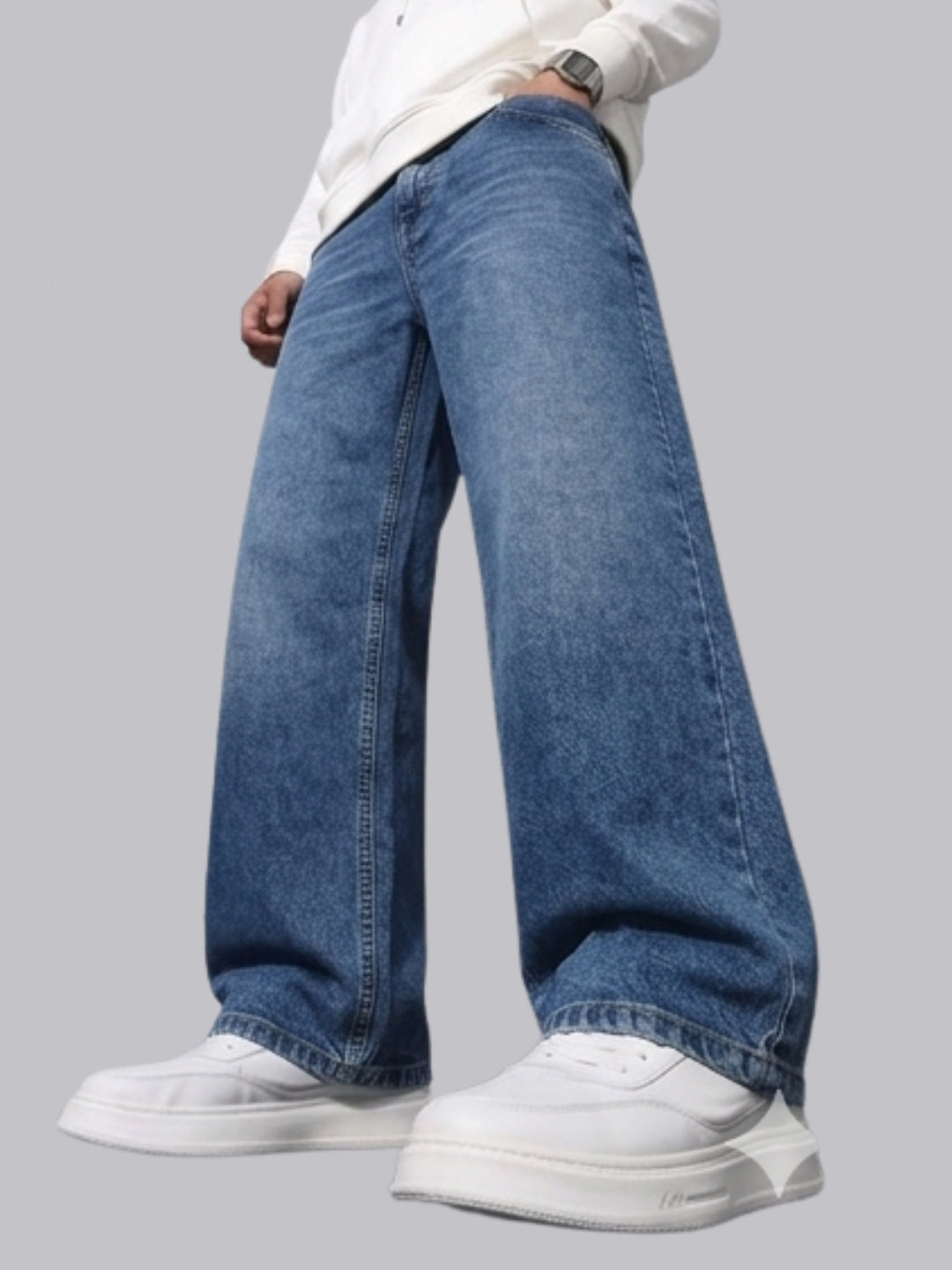 Premium Men’s Lycra Stretch Baggy Whisker Wash Denim Blue