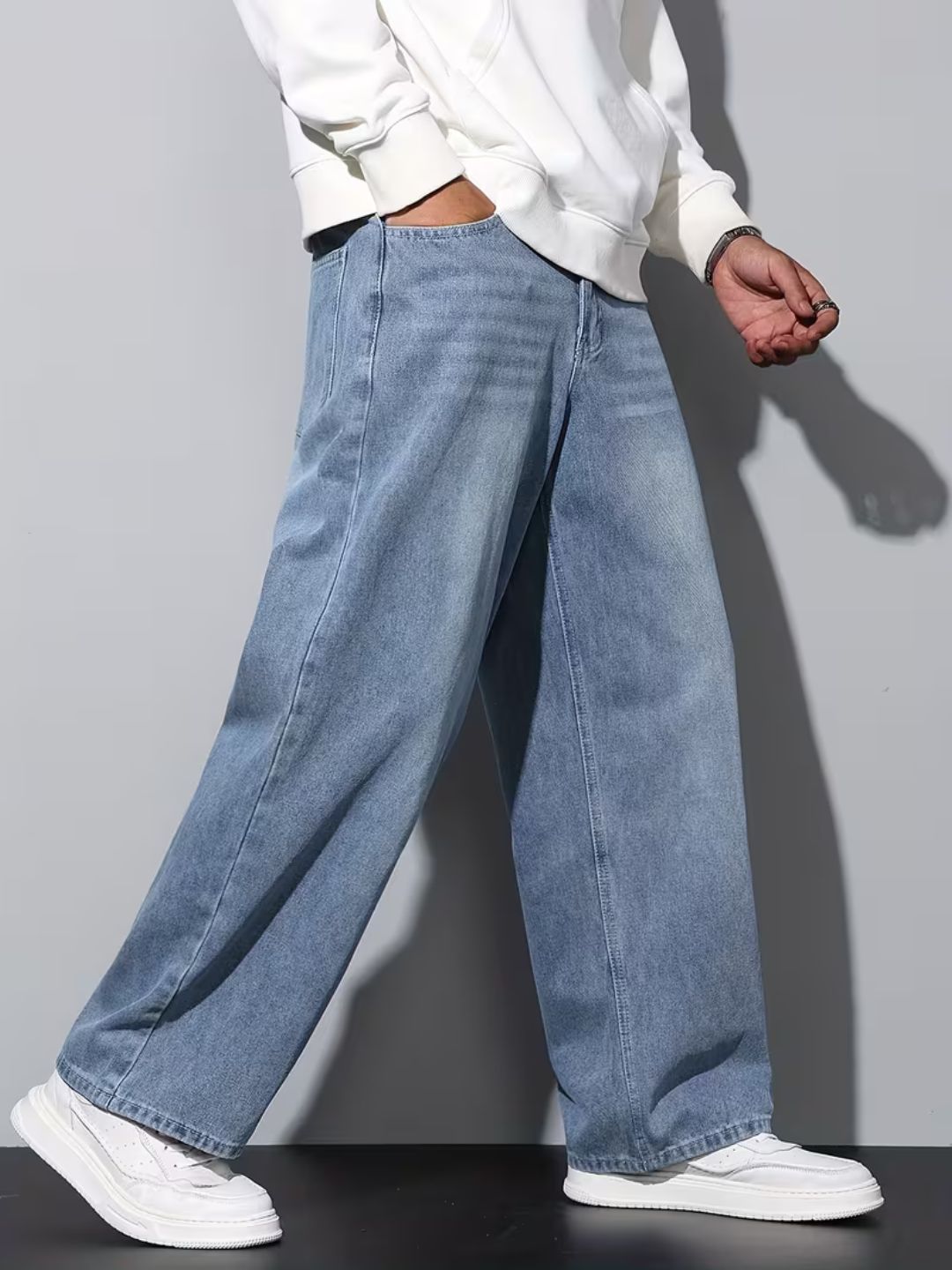 Premium Men’s Lycra Stretch Baggy Whisker Wash Denim L Blue