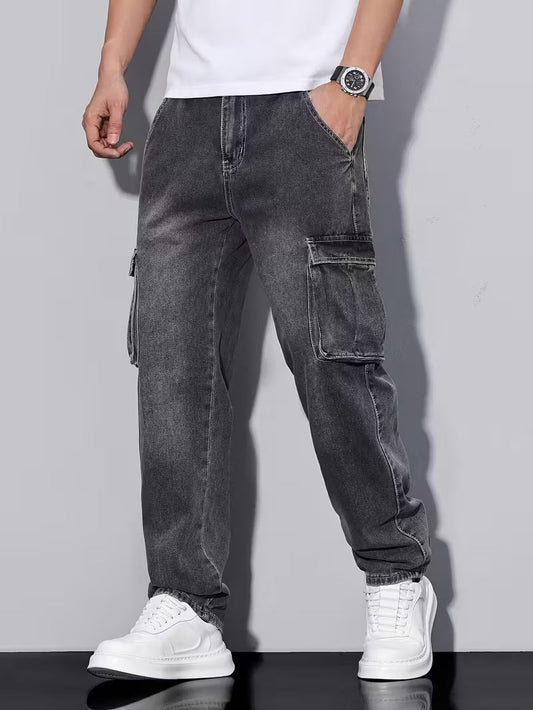 Multi-Pocket Cargo Jeans, Loose Straight Leg Casual Pants