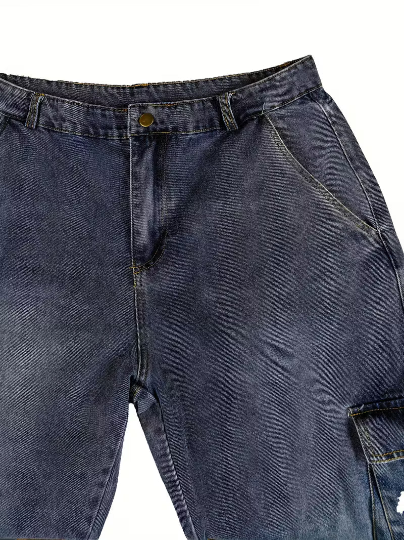 Multi-Pocket Cargo Jeans, Loose Straight Leg Casual Pants