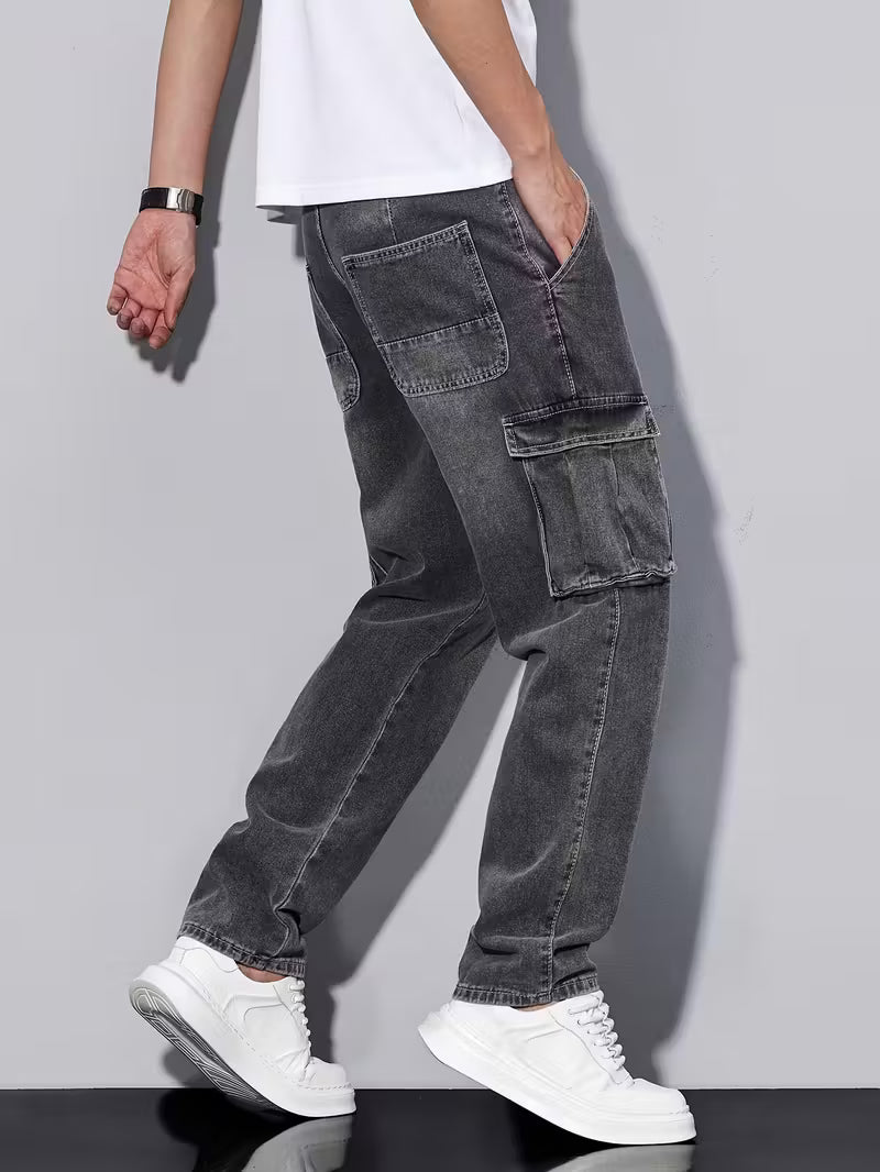 Multi-Pocket Cargo Jeans, Loose Straight Leg Casual Pants