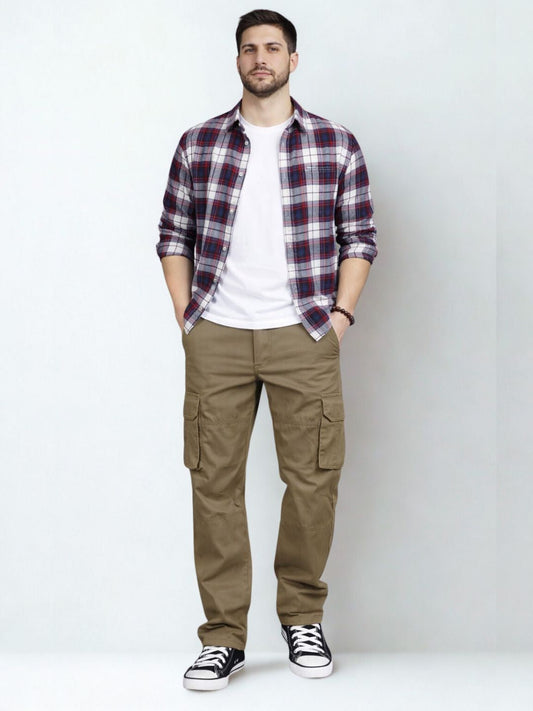 Men's Regular Fit Cotton Cargo Pants - Dark Khaki