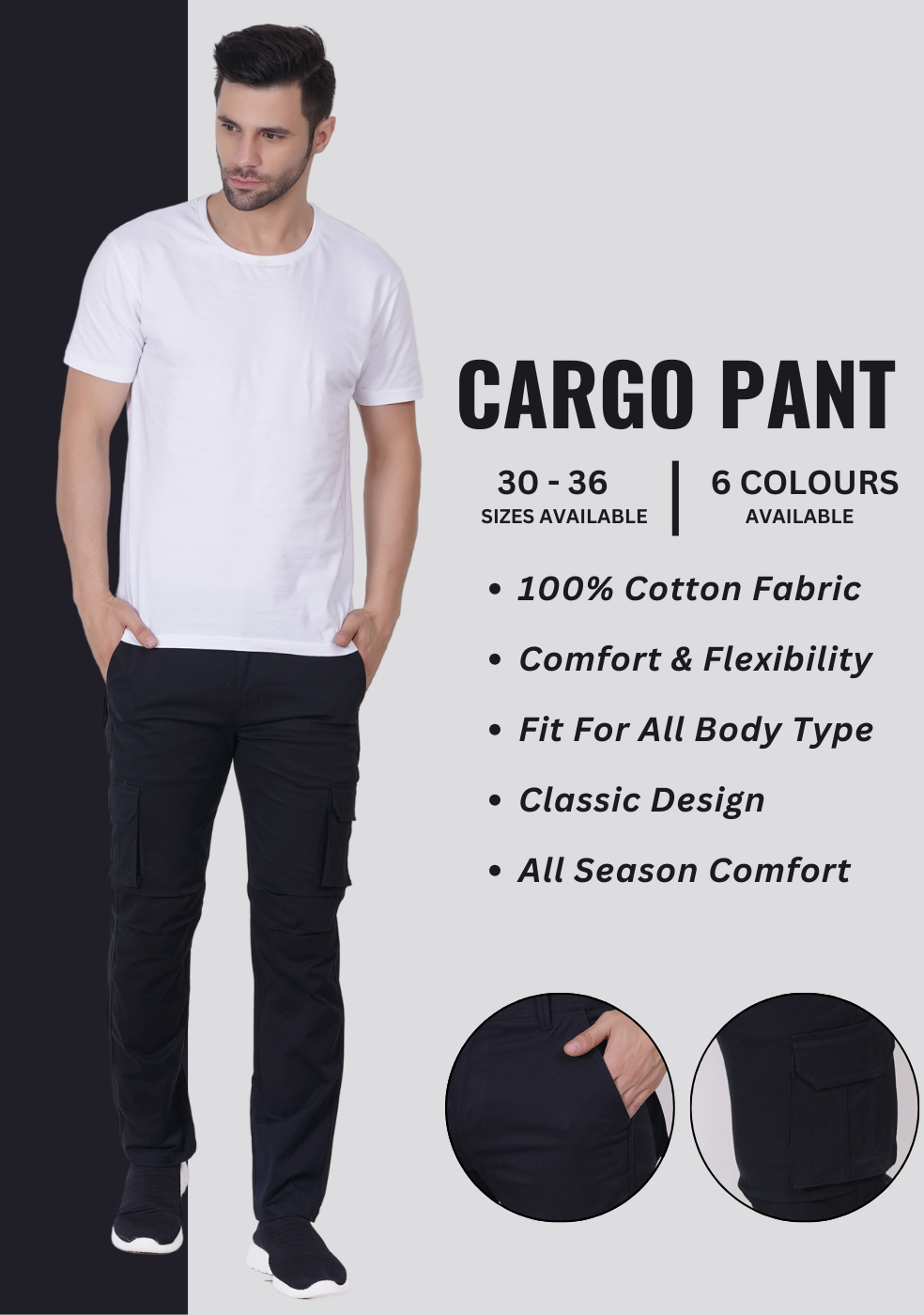 Men Regular fit Cargo Pant With Cross Pocket - ASHTOM