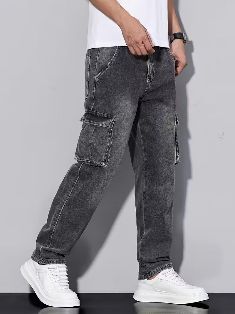Multi-Pocket Cargo Jeans, Loose Straight Leg Casual Pants